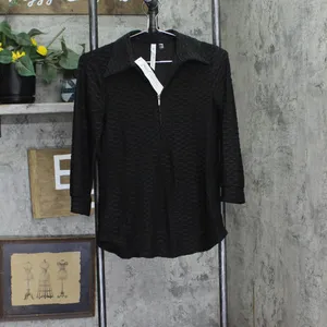 NWT Ny Collection Womens Petite 3/4 Sleeve Honeycomb Half Zip Shirt Top Black PM thumbnail 2