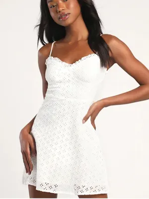 Lulu’s Friendly Flirtation White Sleeveless A-line Eyelet Mini Dress White Sz M thumbnail 1