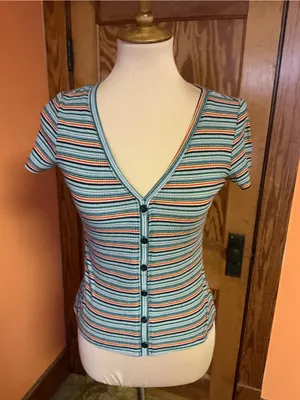 Vintage 90s Rainbow Striped Button Front Fitted Top Baby Tee thumbnail 3
