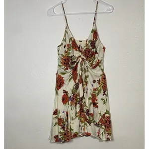 Free People Floral Ruched Ruffle Sleeveless Mini Sundress Ivory Multi Size M thumbnail 3