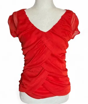 For Cynthia Vibrant Orange Red Tiered Mesh Cap Sleeve Top Size S thumbnail 1