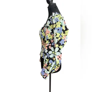 Free People Smocked Floral Puff Sleeve Top‎ XS – Square Neck Black Multicolor thumbnail 9