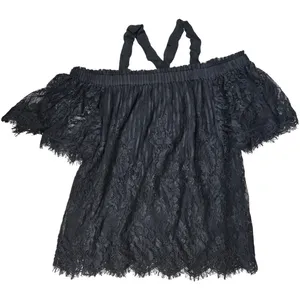 Chelsea 28 Black Lace Off Shoulder Crisscross Neck Ruffle Blouse‎ Top S thumbnail 3