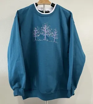 Vintage Teal Blue Double Collared Pullover Sweatshirt Winter Tree‎ Design thumbnail 1