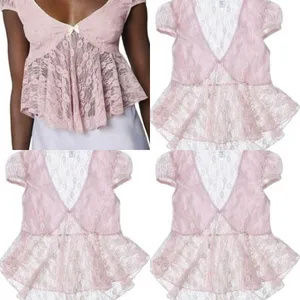 NWOT BABY PINK Lace see through Cap Sleeve Babydoll high low Top size L thumbnail 3