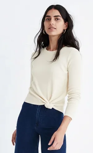 Madewell Ribbed Knit Long Sleeve Knot Front Cropped Top Ivory‎ Size S thumbnail 1