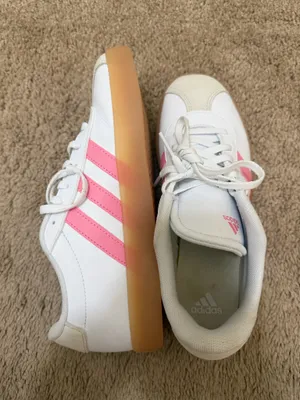 adidas White Sneakers with Pink Stripes and Gum Sole thumbnail 1