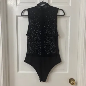Black Mesh Rhinestone Sheer Bodysuit L Club Going Out Festival Sparkly Glam thumbnail 3