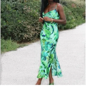 Zara Green Tropical Palm Leaf Satin Long Maxi Slip Dress Size XS thumbnail 11