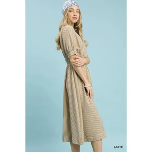 Umgee Striped Midi Dress with Front Zipper - Latte - Small thumbnail 2