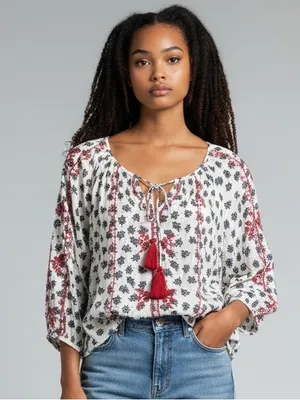 Boho Embroidered Tie-Front Peasant Top M 22” p2p White/Red & Navy Floral EU thumbnail 1