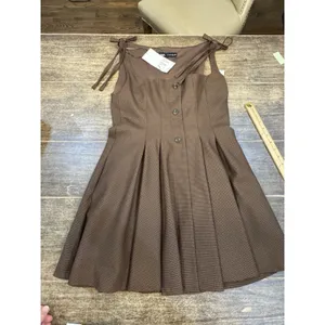 Zara Brown Houndstooth Check Square Neck Pleated A-Line Mini Dress Academia thumbnail 2