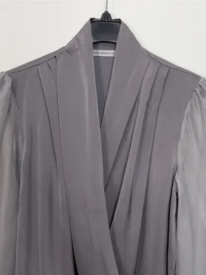 Miss Sparkling Silver Gray Satin Surplice Wrap Blouse Draped Long Sleeve Top thumbnail 4