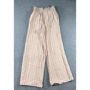 Pink Rose Wide Leg Pants Women S Tan White Striped Smocked High Rise Linen Blend thumbnail 2