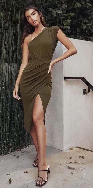 Lulus One-Shoulder Raise A Glass Olive Green Midi Dress thumbnail 1