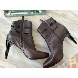 Via Spiga Chocolate Brown Leather Gold Buckle Point Toe Stiletto Boot thumbnail 4