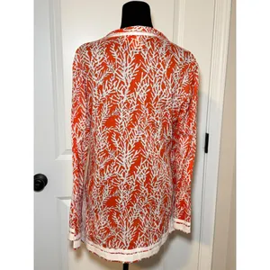 Tory Burch Orange Coral Print Cotton Tunic Top Herringbone Trim Size 8 thumbnail 4