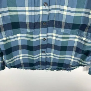 Free‎ People Loveland Plaid Button Down Shirt Blue Rayon Cotton Tunic Sz XS Boho thumbnail 3