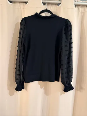 Adrianna Papell Black Ruffle Neck Puff-Sleeve Sweater Top thumbnail 3