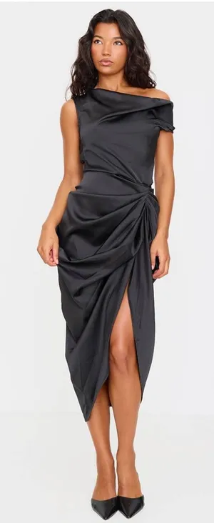PrettyLittleThing Black Satin Off The Shoulder Draped Skirt Midi Dress Slit Sz 8 thumbnail 1