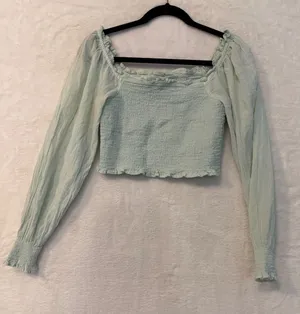Aerie Smocked Crop Top Womens Small Mint Green Long Sleeve Boho Ruffle Blouse thumbnail 1