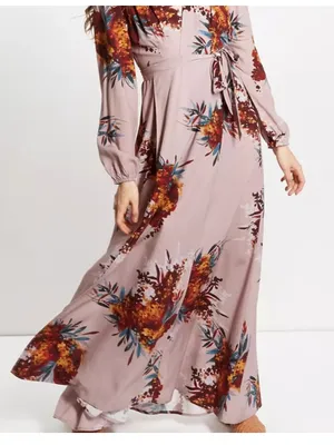 The Odells Floral Maxi Wrap Dress in Taupe with Pink & Mustard Accents Size M thumbnail 10