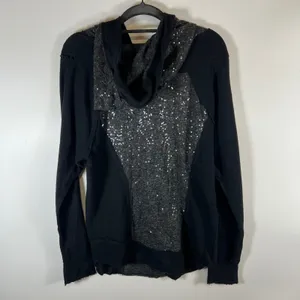 Free People‎ Sequin Mixed Media Hoodie Black Charcoal Grey Pullover Small boho thumbnail 6