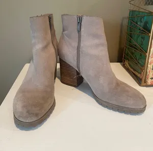 Franco Sarto Taupe Suede Ankle Booties with Stacked Heel thumbnail 1