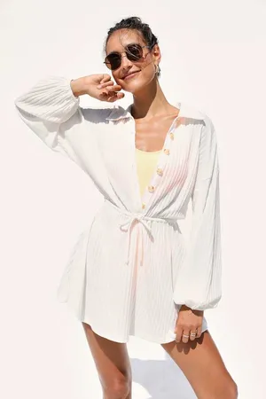 NWT Lulus Oasis Awaits White Ribbed Button-Up Mini Swim Cover-Up Size S **FLAW thumbnail 1