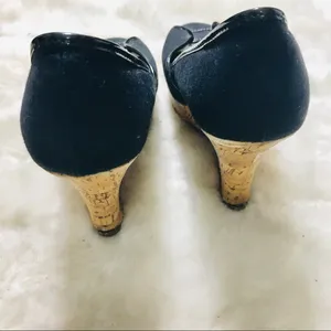 Charlotte Russe Black Canvas Peep Toe Natural Cork Wedges Size 6 thumbnail 5