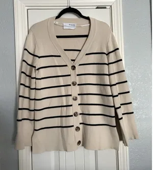 Selected Femme Striped Cardigan XS Beige Black Button‎ Front Organic Cotton thumbnail 1