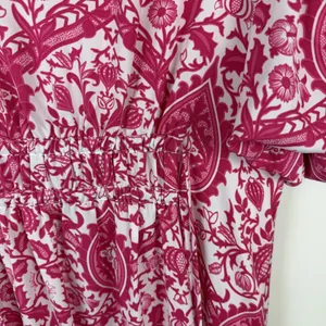 Entro Pink Damask Print V-Neck Smocked Mini Dress Small Vibrant Festival Girly thumbnail 5