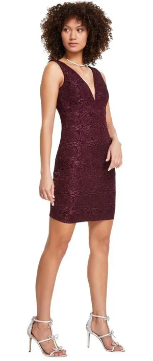 NWT Siena Womens Floral Jacquard Plunge Dress SATP1685 Wine Red 4 thumbnail 1