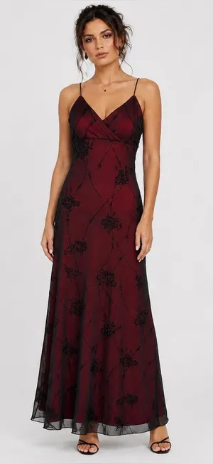 Vintage Cache 90s Burgundy Black Beaded Mesh Maxi Dress Whimsigoth Goth Vampy thumbnail 1