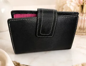 Fossil Black Leather Wallet Pink Interior Bifold Snap Tab Zip Pocket thumbnail 1