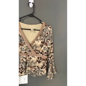 Apostrophe Vintage Y2k‎ Floral Mesh Top Brown Lace Fairy Whimsical Bell Sleeve L thumbnail 2