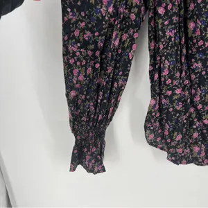 Free People Meant To Be Black Floral Print Full Mutton‎ Sleeve Peasant Blouse M thumbnail 4