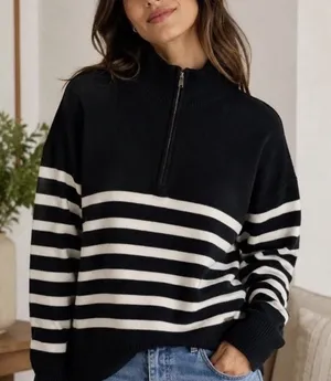 DKNY Black White Striped Quarter Zip Sweater Nautical Coastal Old Money Scandi thumbnail 1
