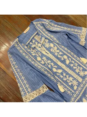 Tory Burch Light Blue Embroidered Crochet Bell Sleeve Tunic Coverup Dress Sz 6 thumbnail 2