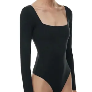 Babaton Black Square Neck Long Sleeve Nylon Spandex Thong Bodysuit Size L thumbnail 2