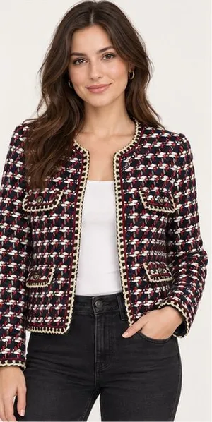 Zara Basic Tweed Bouclé Jacket Women’s L Red Black White Gold Trim Blazer thumbnail 1