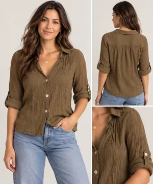 Zara Women’s XS Olive Brown Crinkle Button Front Blouse Roll Tab Sleeve Shirt thumbnail 2