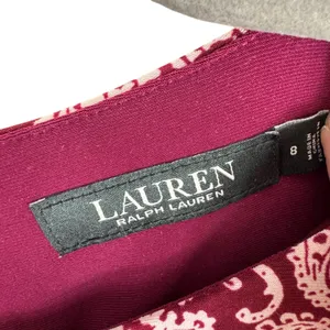 Lauren Ralph Lauren Burgundy White‎ Paisley 3/4 Sleeve Belted Midi Dress Size 8 thumbnail 6