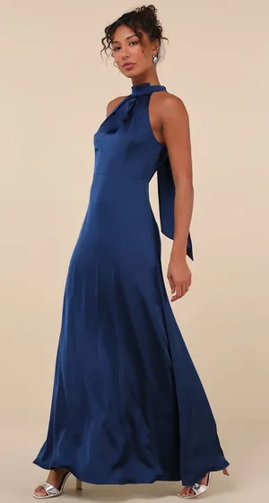 NWT Lulus Regal Loveliness Blue Satin Pleated Mock Neck Maxi Dress Bridesmaid S thumbnail 1