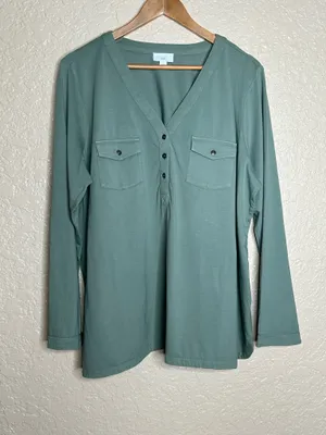 🩷 J. Jill Women Henley Top Large Green Long Sleeve V-Neck Utility Pockets Cotton thumbnail 3