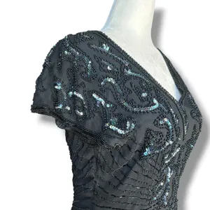 Vintage Black Beaded Sequin Evening Gown Maxi Dress Art Deco Formal Glam Elegant thumbnail 3