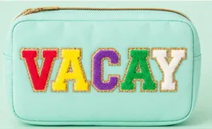 Mint ‘VACAY’ nylon Travel Pouch with Gold Trim varsity letter patches thumbnail 1