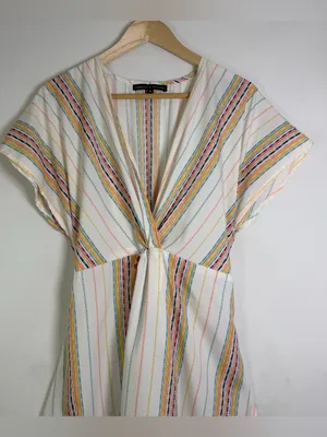 America & Beyond M Rainbow Stripe Pom Pom Maxi Dress Boho Resort Beach Vacation thumbnail 4