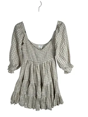 Anthropologie MABLE Gingham‎ Smocked Mini Dress Small Beige Babydoll Puff Sleeve Cotton thumbnail 2
