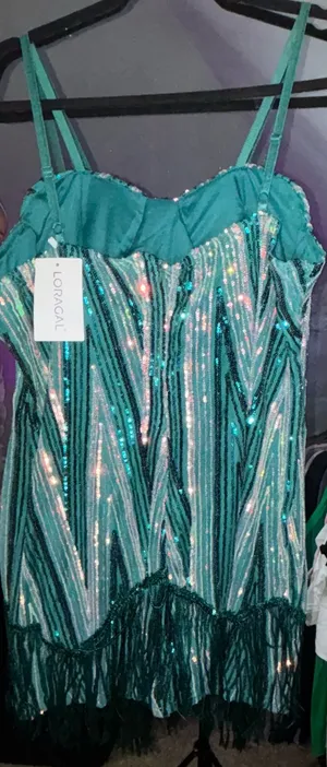 Sequin pattern irregular fringed hem cocktail party dres Green Size 2X thumbnail 3
